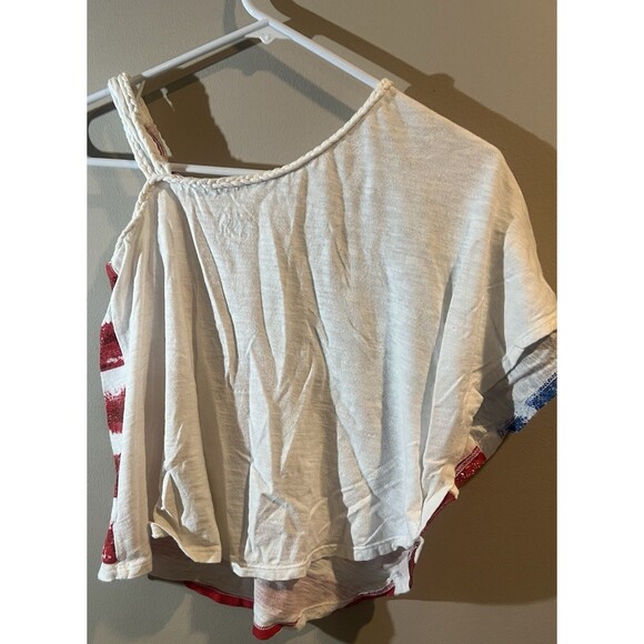 JUSTICE T-SHIRT OFF THE SHOULDER SIZE  12 AMERICAN FLAG SHIMMERING SUPER CUTE!! - Picture 3 of 3